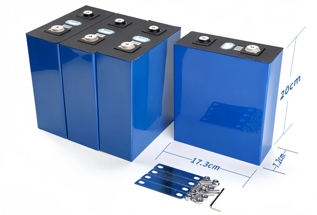 Four blue Grade A Lishen 272Ah LiFePO4 prismatic cells displayed with high-quality busbars, bolts, and an assembly tool for DIY battery bank construction.