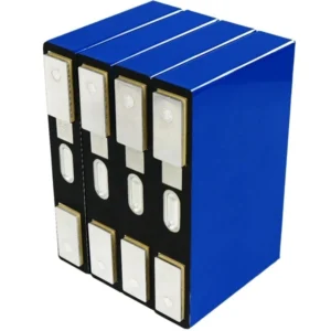 Four blue Lixin Energy 40Ah LiFePO4 prismatic cells arranged for a lightweight 12.8V 40Ah lithium battery pack build.