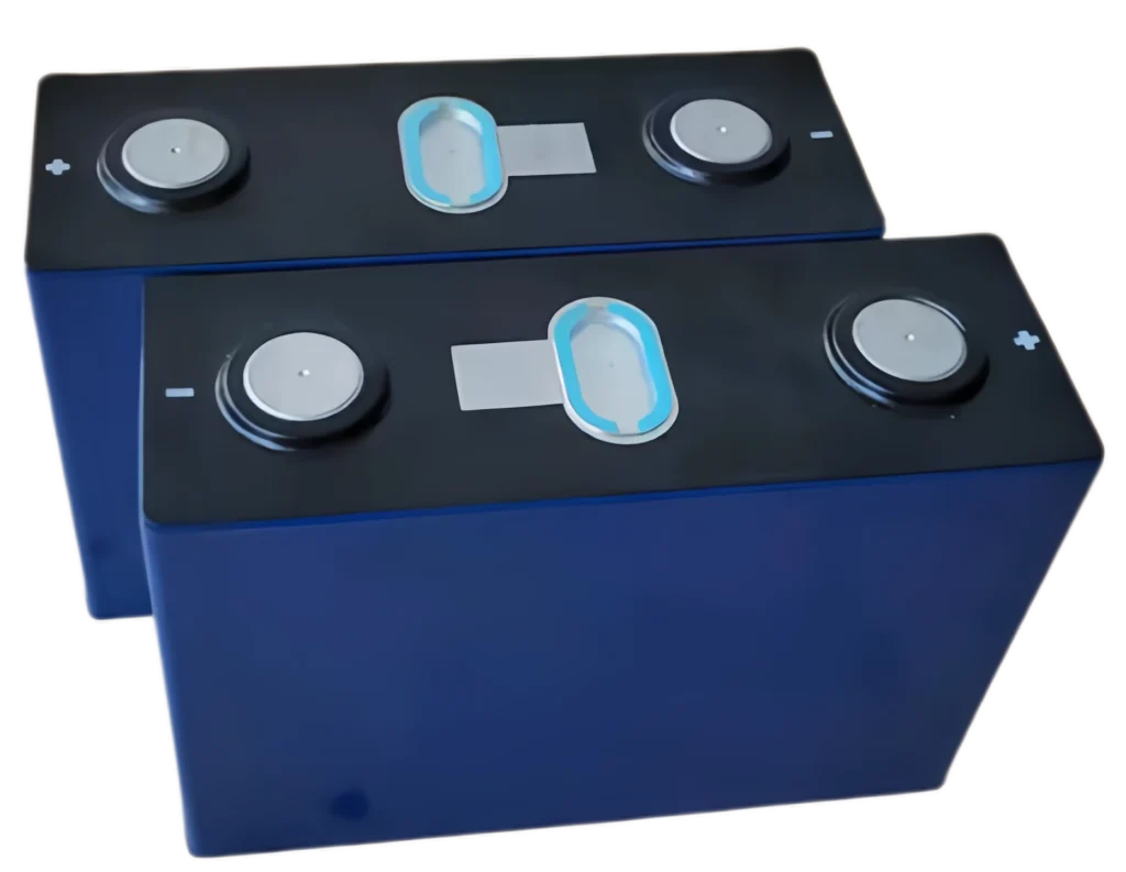 Top view of two authentic REPT 150Ah LiFePO4 prismatic cells in blue aluminum casing, highlighting dual terminals and safety vents.
