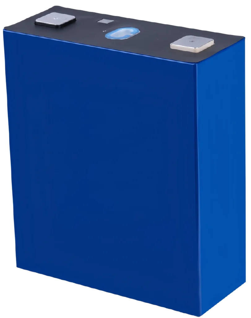 Professional rendering of a blue REPT 230Ah LiFePO4 prismatic battery cell featuring dual terminals and a central safety vent.