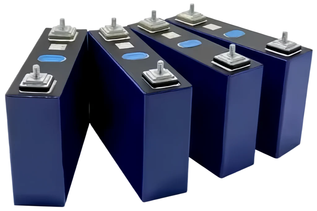 Top view of REPT CB56 100Ah LiFePO4 cells with high-quality laser-welded M6 studs, explosion-proof vents, and traceable factory QR codes.