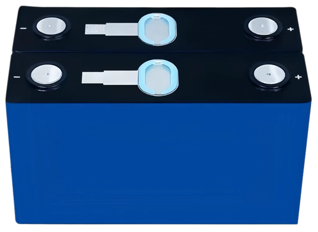 Real-world photo of four blue REPT CB58 132.5Ah LiFePO4 battery cells featuring integrated studs and traceable factory QR codes.