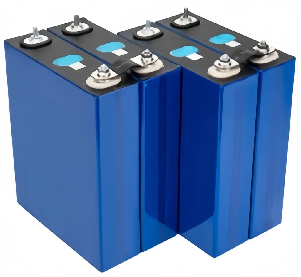 Professional photo of four blue REPT CB67 306Ah LiFePO4 battery cells featuring laser-welded M6 studs and traceable factory QR codes.