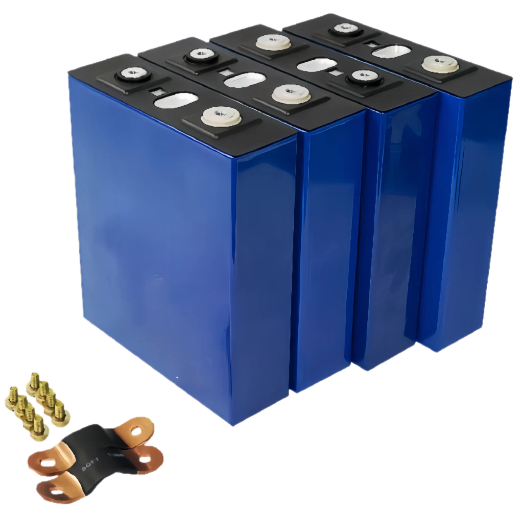 Four blue REPT CB70148112EA 142Ah LiFePO4 cells with laser-welded terminals, copper busbars, and nuts for professional battery pack assembly.