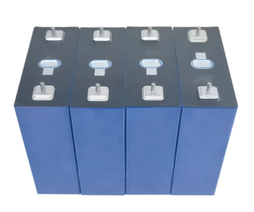 Four REPT CB71173200EA 280Ah LiFePO4 cells in blue aluminum casing, featuring laser-welded M6 studs and traceable factory QR codes.