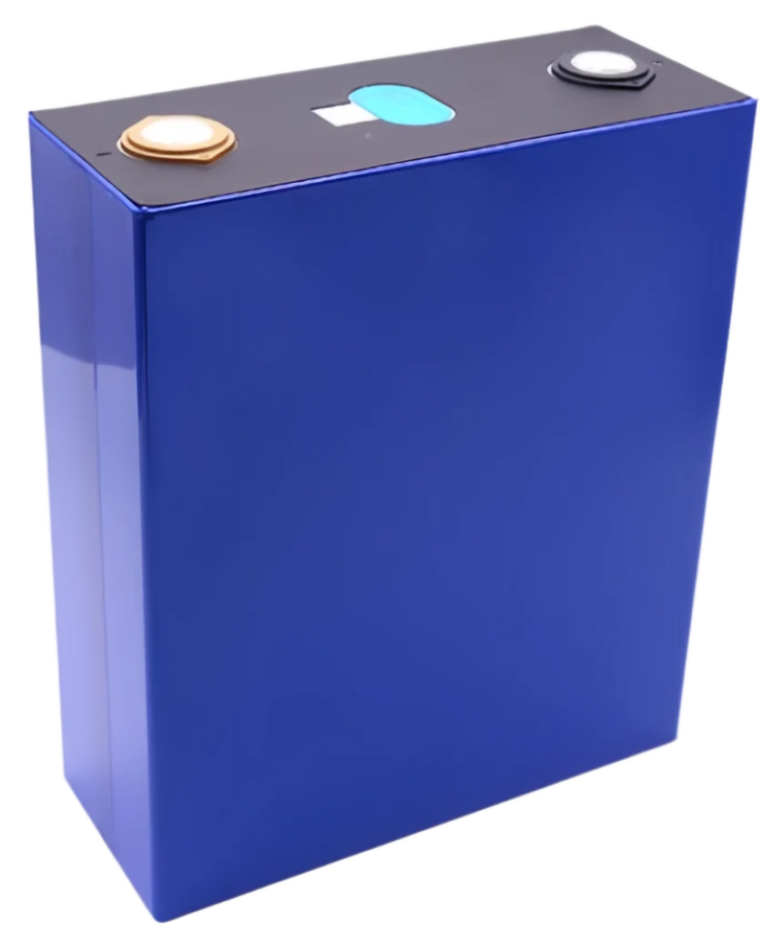 Professional photo of a blue REPT 280Ah LiFePO4 battery cell in aluminum casing, featuring integrated terminals and a high-sensitivity central safety vent.