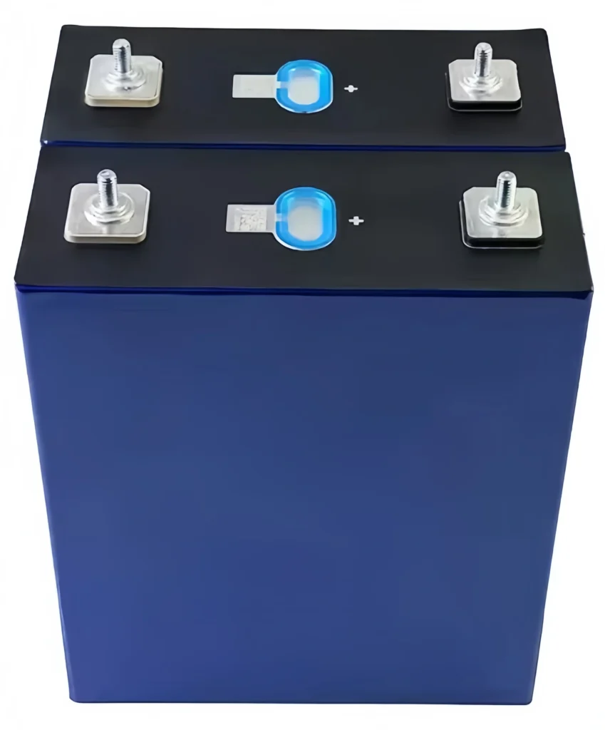 Professional photo of two blue REPT CB75 314Ah battery cells featuring integrated laser-welded M6 studs and high-sensitivity explosion-proof vents.