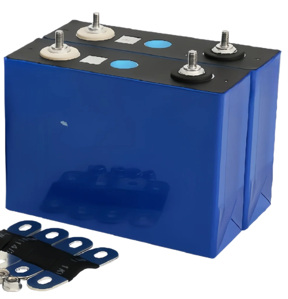 Professional photo of blue REPT 135Ah LiFePO4 cells with laser-welded M6 studs, traceable factory QR codes, and high-conductivity copper busbars.