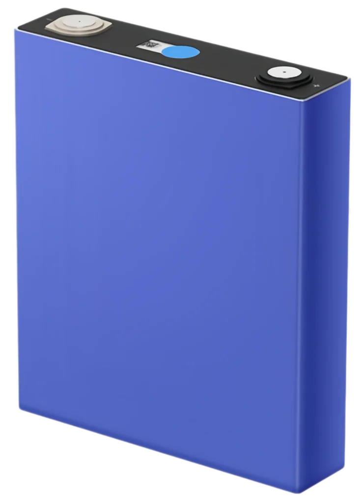Professional 3D render of a blue REPT 205Ah LiFePO4 prismatic battery cell featuring dual terminals and a central safety vent.