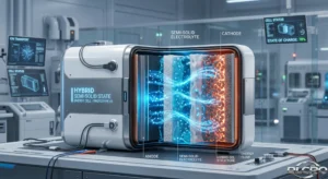 Semi-solid state battery cross-section showing hybrid gel electrolyte and energy flow between electrodes in advanced energy storage system