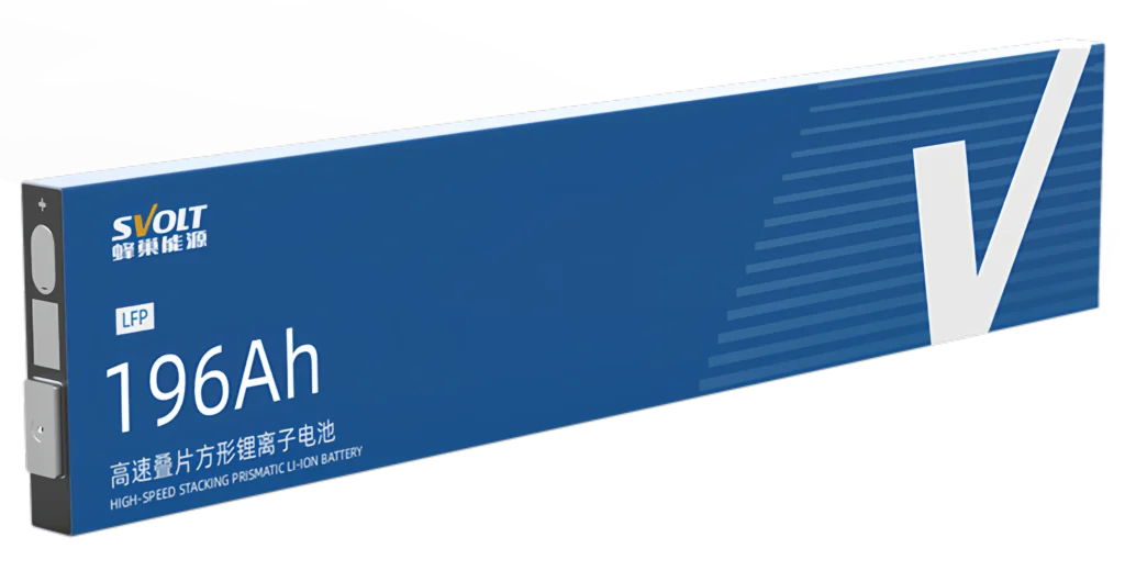 Professional visual of blue SVOLT 196Ah blade battery cell featuring original factory branding and high-speed stacking technology labels.