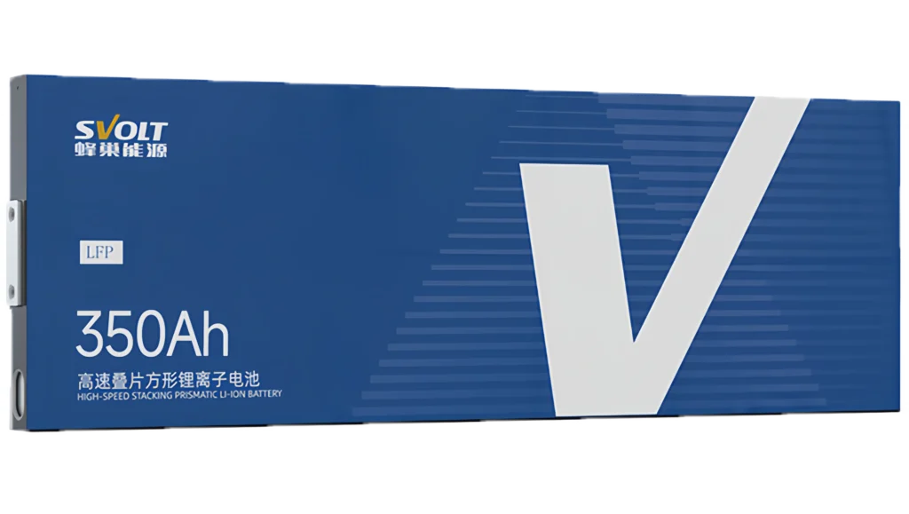 Side view of a blue SVOLT L500 350Ah LFP battery cell featuring high-speed stacking prismatic li-ion technology branding.