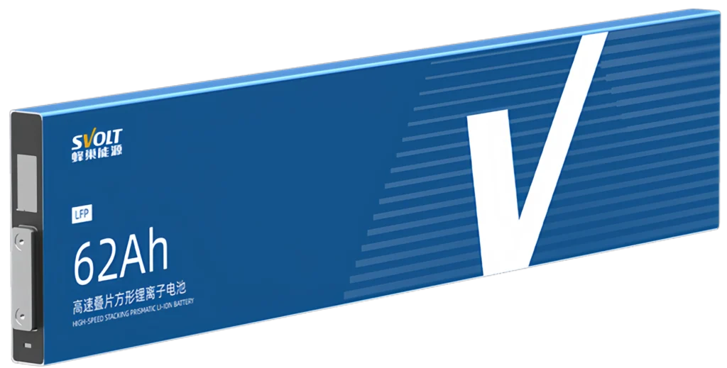 Professional visual of a blue SVOLT L400 62Ah blade-style battery cell with high-speed stacking prismatic technology branding.