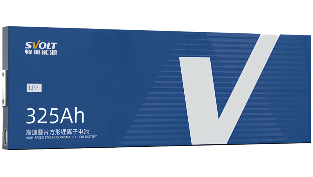 Visual showcase of the blue SVOLT L500 325Ah High Power LiFePO4 battery cell with high-speed stacking technology branding.