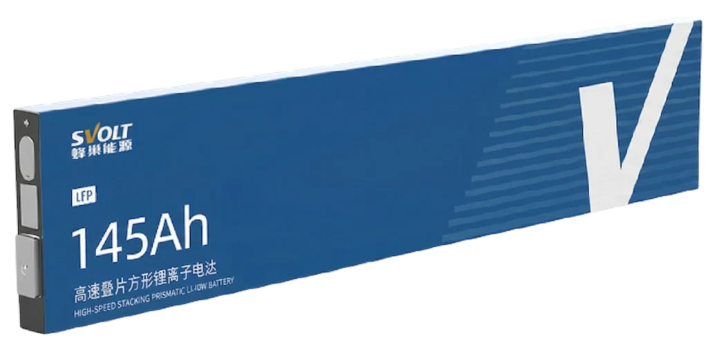 Side view of SVOLT 145Ah LiFePO4 blade battery cell featuring high-speed stacking prismatic technology and LFP chemistry branding.