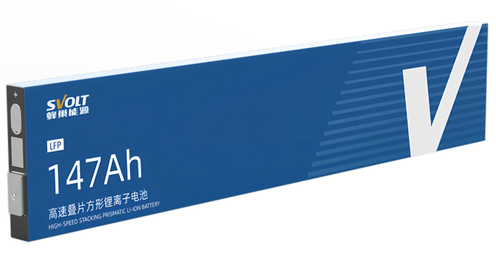 Side view of blue SVOLT L600 147Ah blade battery cell featuring high-speed stacking prismatic technology and LFP chemistry branding.