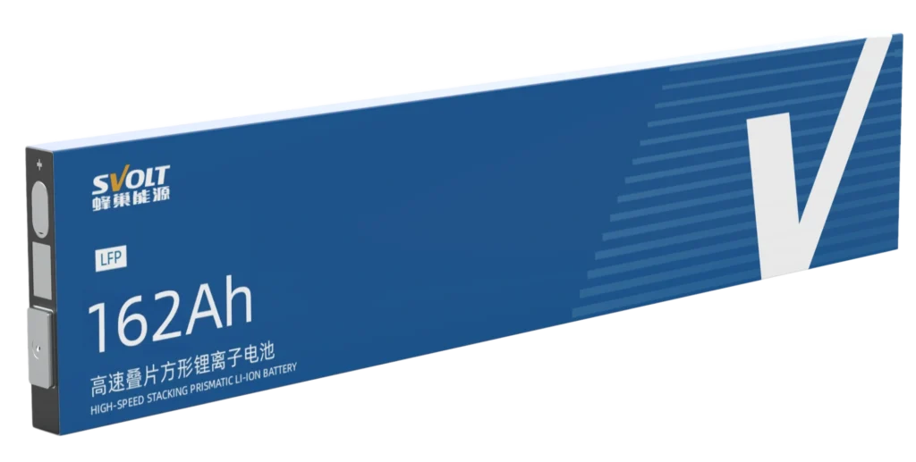 Professional render of SVOLT 162Ah blade battery highlighting high-speed stacking prismatic technology and LFP chemistry labeling.
