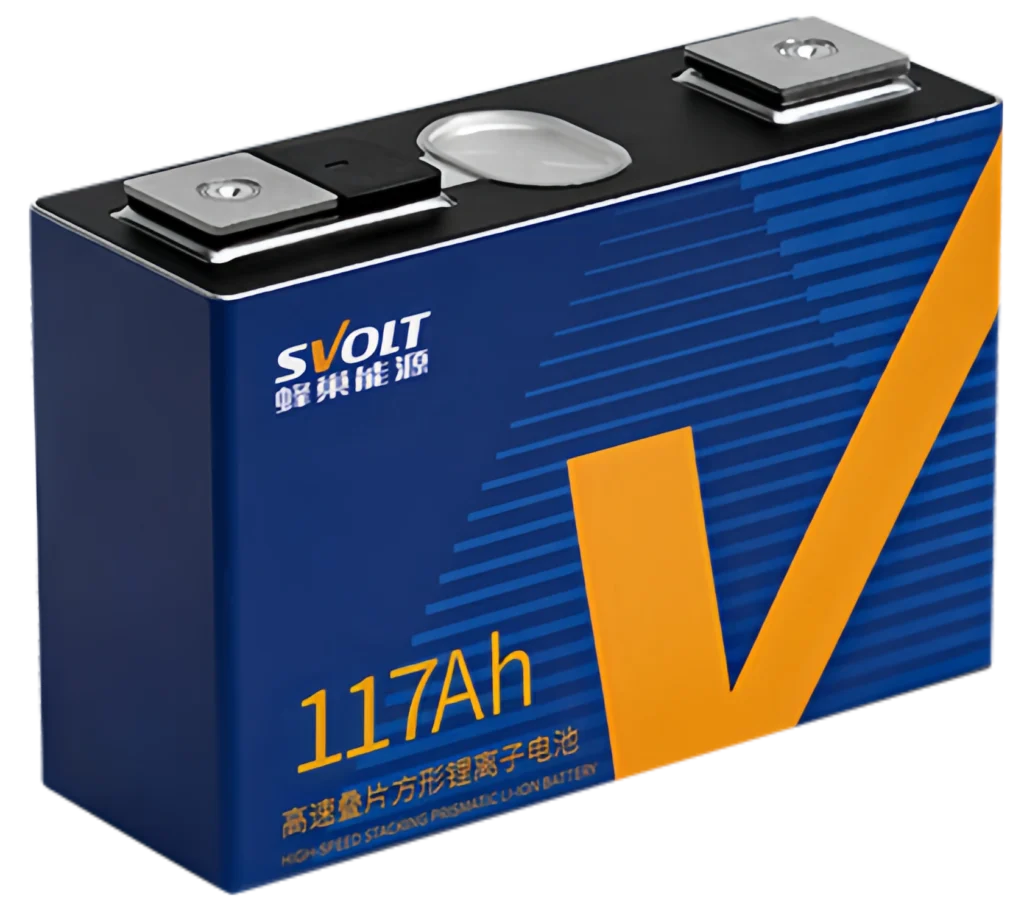 Professional visual of blue SVOLT VDA-117Ah NCM prismatic battery cell featuring VDA standard terminals and high-speed stacking technology branding.