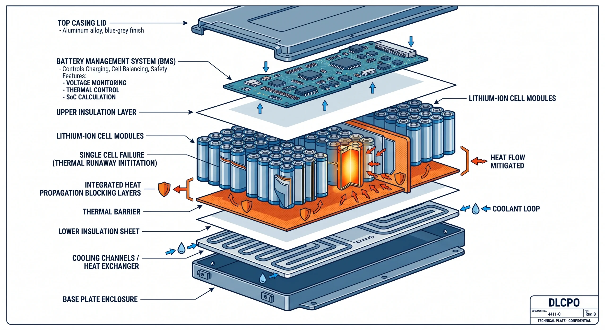 3D cross-section of a DLCPO LiFePO4 battery module showcasing aerogel barriers, mica sheets, and ceramic fiber insulation within a factory-direct production environment.