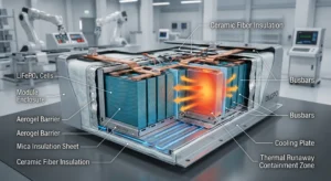 Technical exploded view of a DLCPO battery pack showing integrated heat propagation blocking layers, BMS thermal control, and cooling channels for LiFePO4 cells.