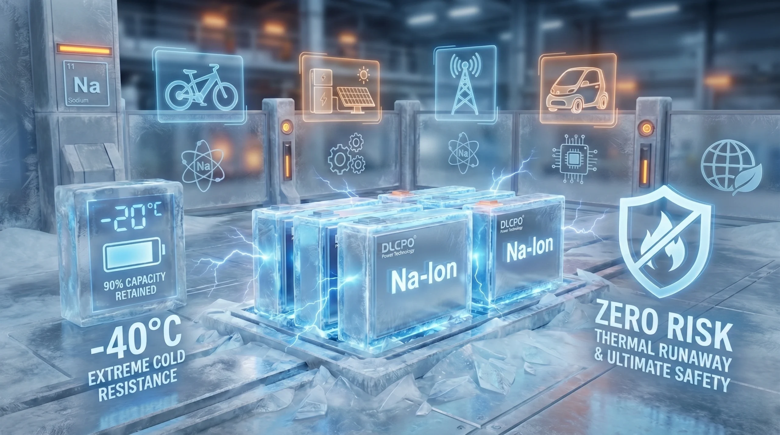 Visualisierung der DLCPO-NFPP-Natrium-Ionen-Batterien mit Schwerpunkt auf der Beständigkeit gegen extreme Kälte bis -40 °C und dem fehlenden Risiko eines thermischen Durchgehens für ESS- und EV-Anwendungen in der Arktis.