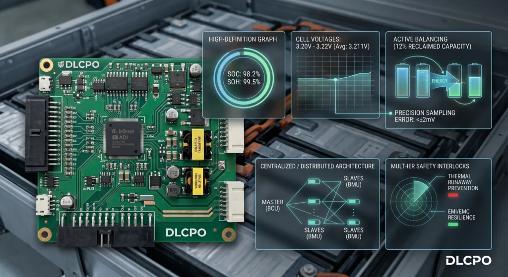 Una sofisticada visualización de la placa de circuito impreso (PCB) del sistema de gestión de baterías (BMS) de alta fiabilidad de DLCPO. Las superposiciones digitales detallan las funciones principales: gráficos de alta definición del estado de carga (SoC 98,2 %) y del estado de salud (SoH 99,5 %), monitoreo preciso del voltaje de las celdas (3,20 V-3,22 V), balanceo activo con capacidad recuperada (12 %), enclavamientos de seguridad de varios niveles con prevención de sobrecalentamiento y diagramas de arquitectura centralizada/distribuida.