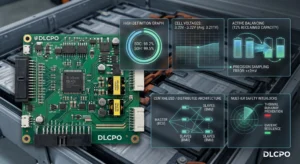 Una sofisticada visualización de la placa de circuito impreso (PCB) del sistema de gestión de baterías (BMS) de alta fiabilidad de DLCPO. Las superposiciones digitales detallan las funciones principales: gráficos de alta definición del estado de carga (SoC 98,2 %) y del estado de salud (SoH 99,5 %), monitoreo preciso del voltaje de las celdas (3,20 V-3,22 V), balanceo activo con capacidad recuperada (12 %), enclavamientos de seguridad de varios niveles con prevención de sobrecalentamiento y diagramas de arquitectura centralizada/distribuida.