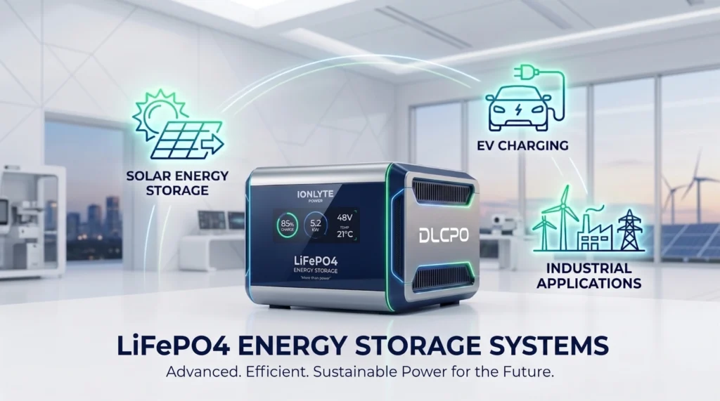 Bateria de LiFePO4 utilizada no armazenamento de energia solar, em veículos elétricos e em sistemas industriais