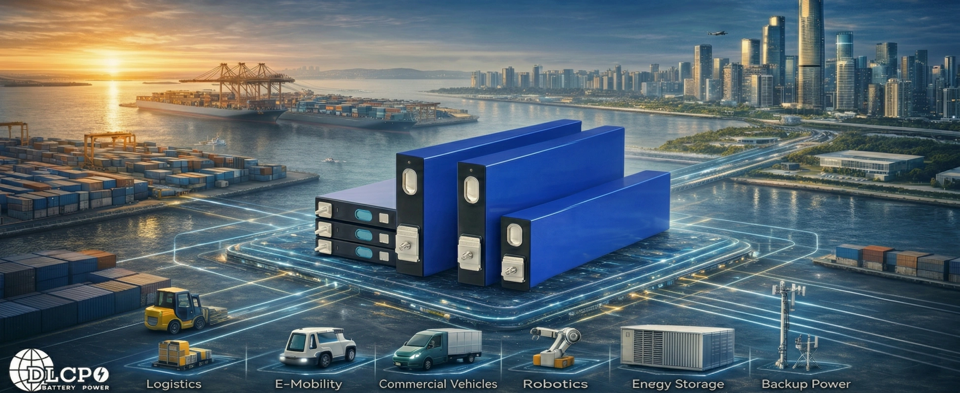 DLCPO Grade A LiFePO4 battery cells powering logistics, E-mobility, energy storage, and backup power applications in a global port city with a modern skyline.