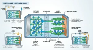 Diagrama da estrutura da bateria LiFePO4 mostrando cátodo, ânodo e fluxo de íons de lítio