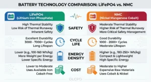Comparação entre baterias LiFePO4 e NMC mostrando segurança, vida útil e densidade de energia