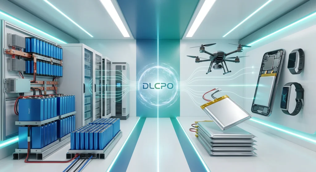 A detailed visual comparison of Lithium-Ion vs Lithium Polymer batteries powered by DLCPO. Left side shows large industrial Li-ion cells in an energy storage rack; right side shows flexible pouch LiPo batteries with a drone, smartphone, and smartwatches.