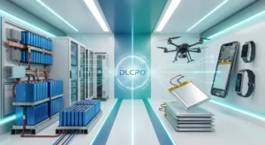 A detailed visual comparison of Lithium-Ion vs Lithium Polymer batteries powered by DLCPO. Left side shows large industrial Li-ion cells in an energy storage rack; right side shows flexible pouch LiPo batteries with a drone, smartphone, and smartwatches.