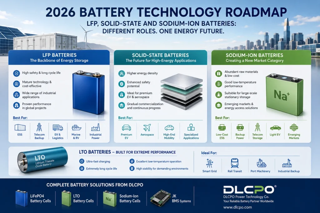 2026 battery technology roadmap infographic comparing LFP batteries, solid-state batteries, sodium-ion batteries, and LTO batteries for energy storage, EVs, industrial applications, and global battery markets by DLCPO Power Technology.