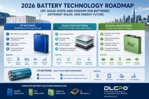 2026 battery technology roadmap infographic comparing LFP batteries, solid-state batteries, sodium-ion batteries, and LTO batteries for energy storage, EVs, industrial applications, and global battery markets by DLCPO Power Technology.