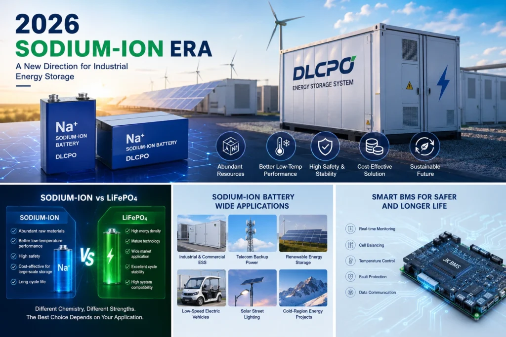 2026 sodium-ion battery era infographic showing DLCPO industrial energy storage systems, sodium-ion battery advantages, LiFePO4 comparison, renewable energy applications, and smart BMS technology.