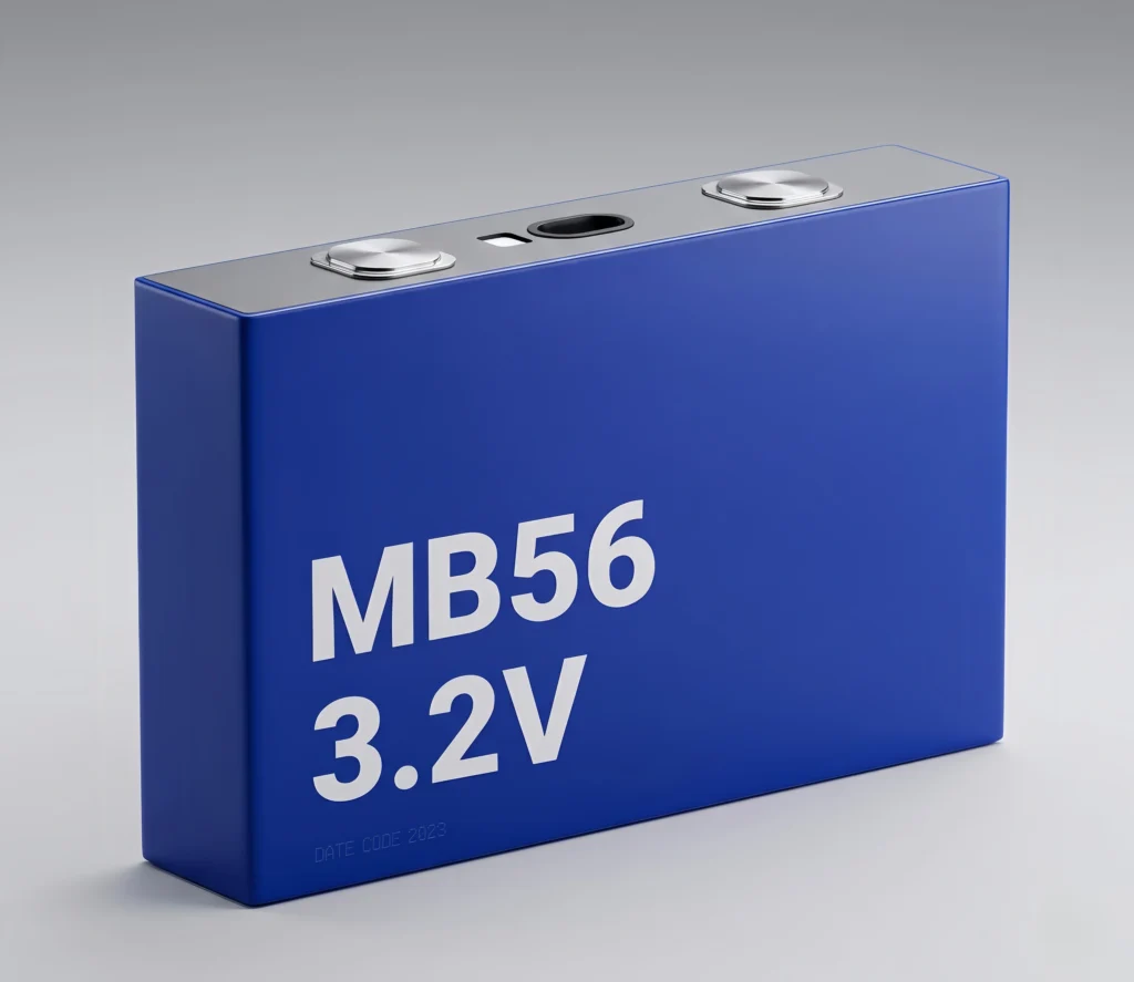 EVE MB56 628Ah 3.2V prismatic LiFePO4 battery cell with dual safety vents, designed for high-density utility-scale energy storage systems.