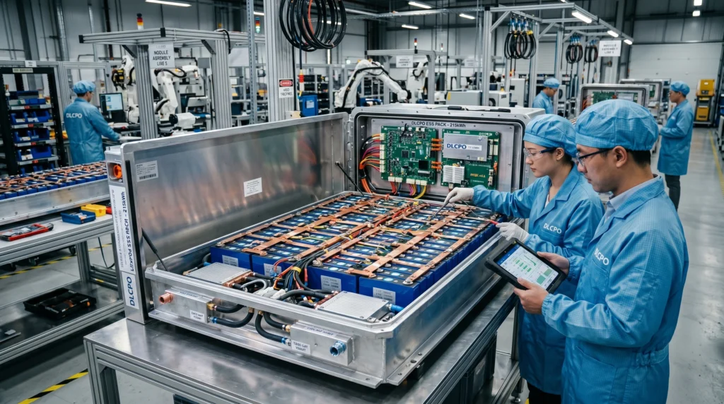 A professional photograph inside a modern DLCPO manufacturing facility. Two engineers in DLCPO-branded workwear, wearing safety glasses and gloves, inspect an open industrial LiFePO4 battery pack, including the visible cells, BMS board, and busbars. Robotic arms and an assembly line are in the background.