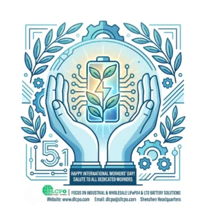 A detailed illustration showing two hands cupping a glowing, technology-infused battery with a sprouting green plant, symbolizing sustainable energy. The scene is framed by olive branches and gears, with a "5.1" date marker. Text at the base includes "HAPPY INTERNATIONAL WORKERS' DAY!", "SALUTE TO ALL DEDICATED WORKERS", and the DLCPO brand identity for LiFePO4 & LTO battery solutions.