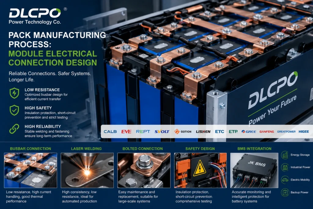 DLCPO LiFePO4 battery module electrical connection design with laser-welded copper busbars and JK BMS