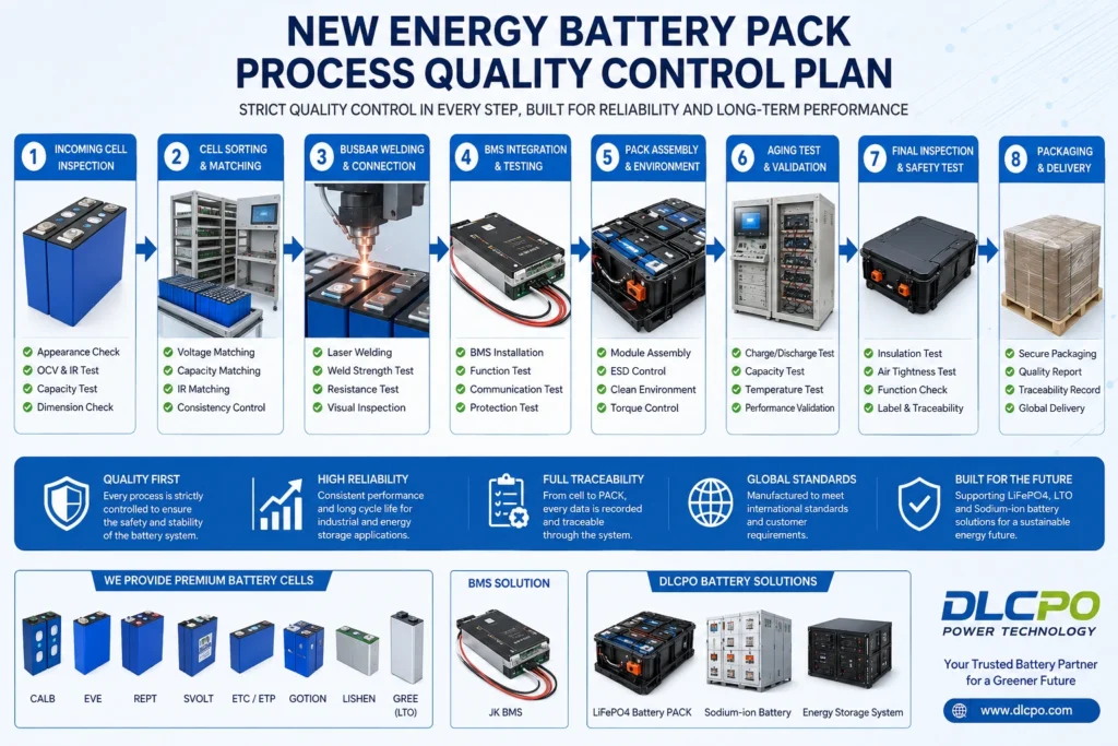 Industrial LiFePO4 battery PACK manufacturing process quality control infographic showing cell inspection, cell matching, laser welding, BMS integration, aging test, final safety inspection, and energy storage battery assembly by DLCPO.