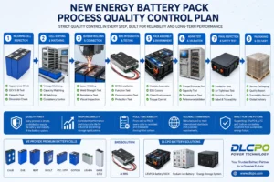 Industrial LiFePO4 battery PACK manufacturing process quality control infographic showing cell inspection, cell matching, laser welding, BMS integration, aging test, final safety inspection, and energy storage battery assembly by DLCPO.