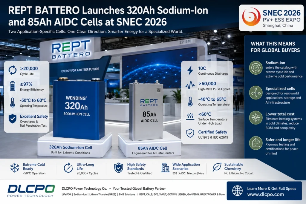 REPT BATTERO 320Ah sodium-ion battery and 85Ah AIDC battery cell displayed at SNEC 2026, highlighting next-generation energy storage and AI data center power solutions, featured by DLCPO.